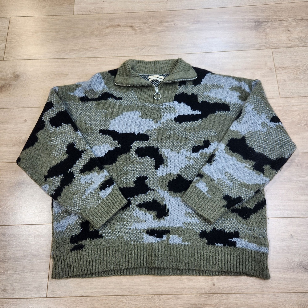Anthropologie Ferne Quarter-Zip Knit Pullover Sweater Womens XL Green Camo